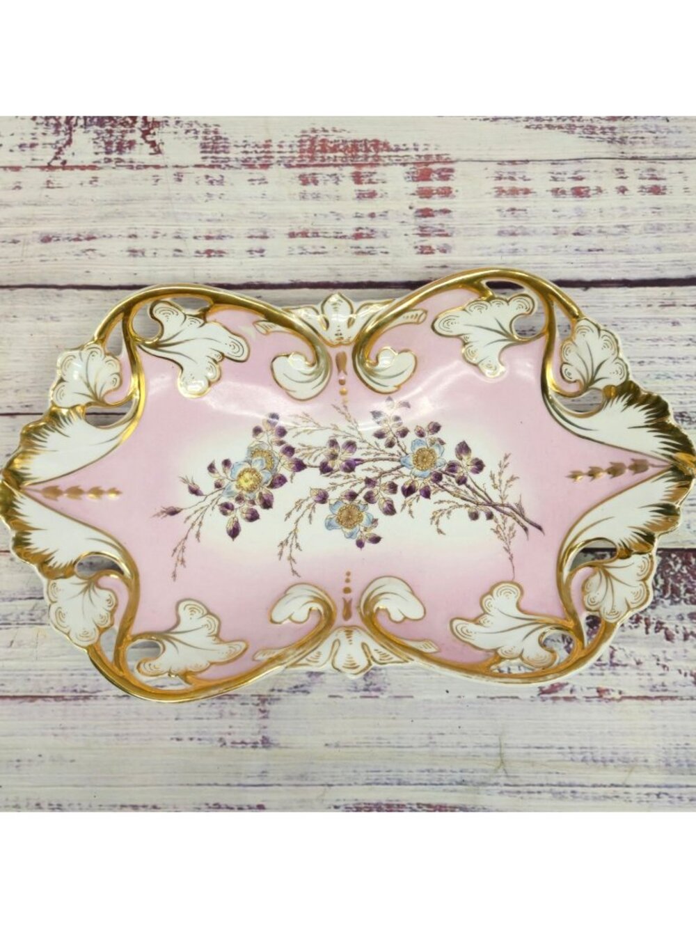 Antique Victorian Porcelain Celery Dish Pink Ombre Rococo Gilded purple floral